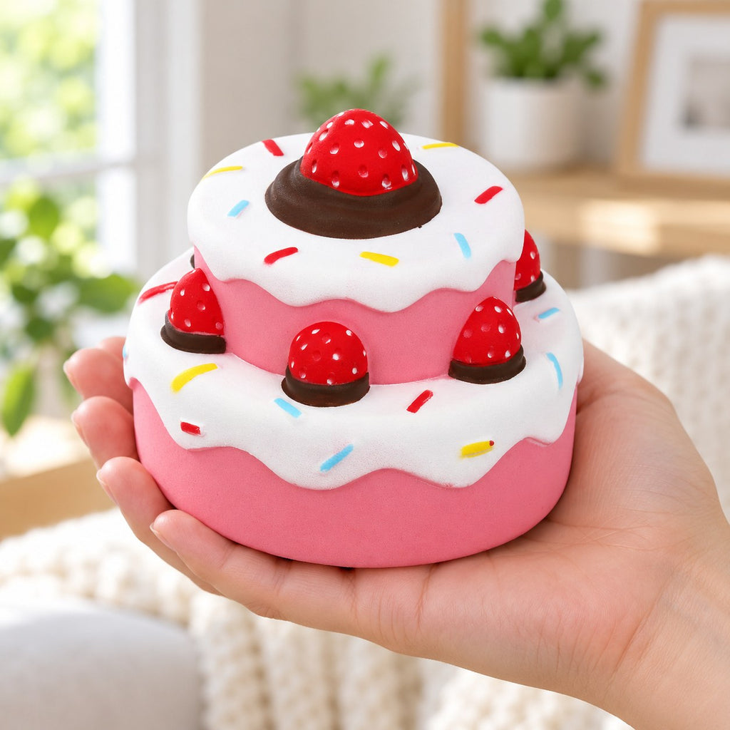 Jumbo Strawberry Cake Squishy, Slow Rising, held in a hand to show the real size