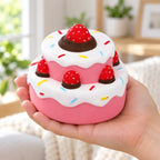 Jumbo Strawberry Cake Squishy, Slow Rising, held in a hand to show the real size