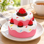 Jumbo Strawberry Cake Squishy, Slow Rising, on a plate on a breakfast table