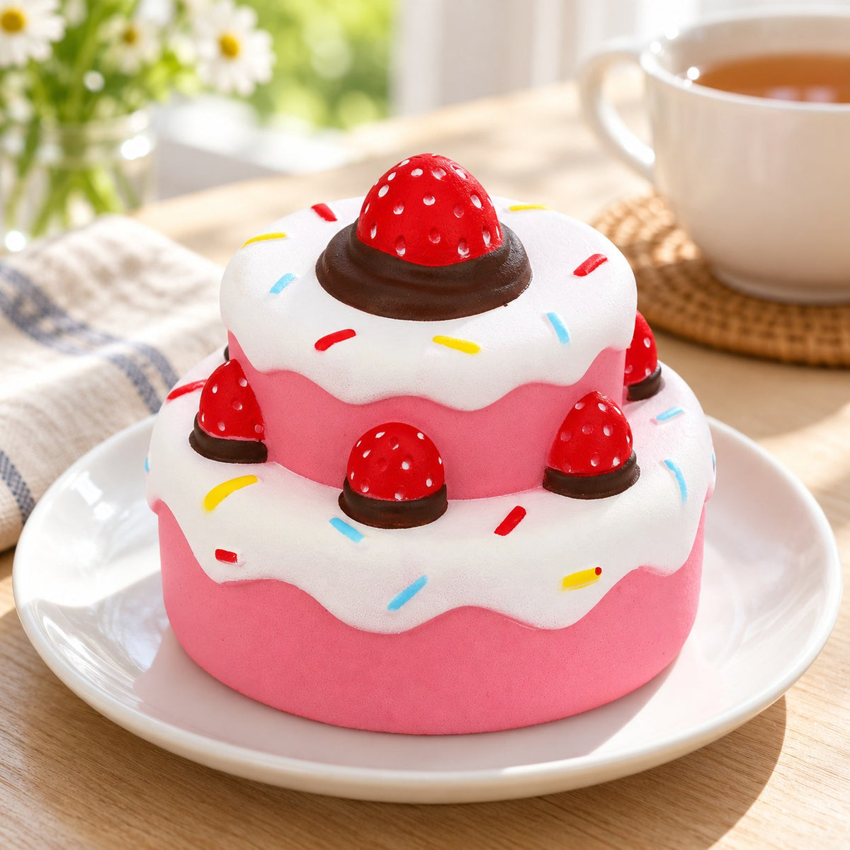 Jumbo Strawberry Cake Squishy, Slow Rising, on a plate on a breakfast table