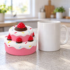 Jumbo Strawberry Cake Squishy, Slow Rising, next to a coffee mug for size comparison