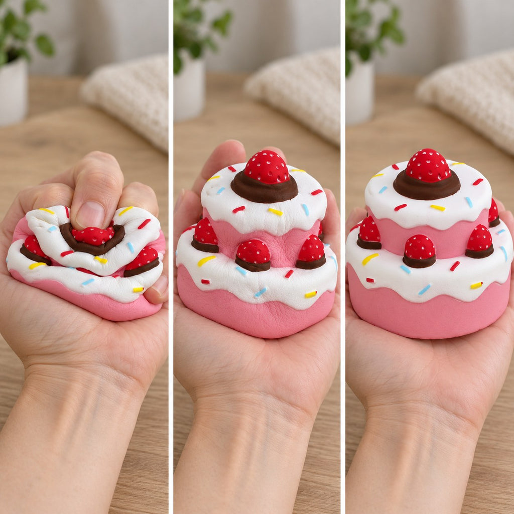 Strawberry cake squishy, squished flat, half risen and fully back in shape