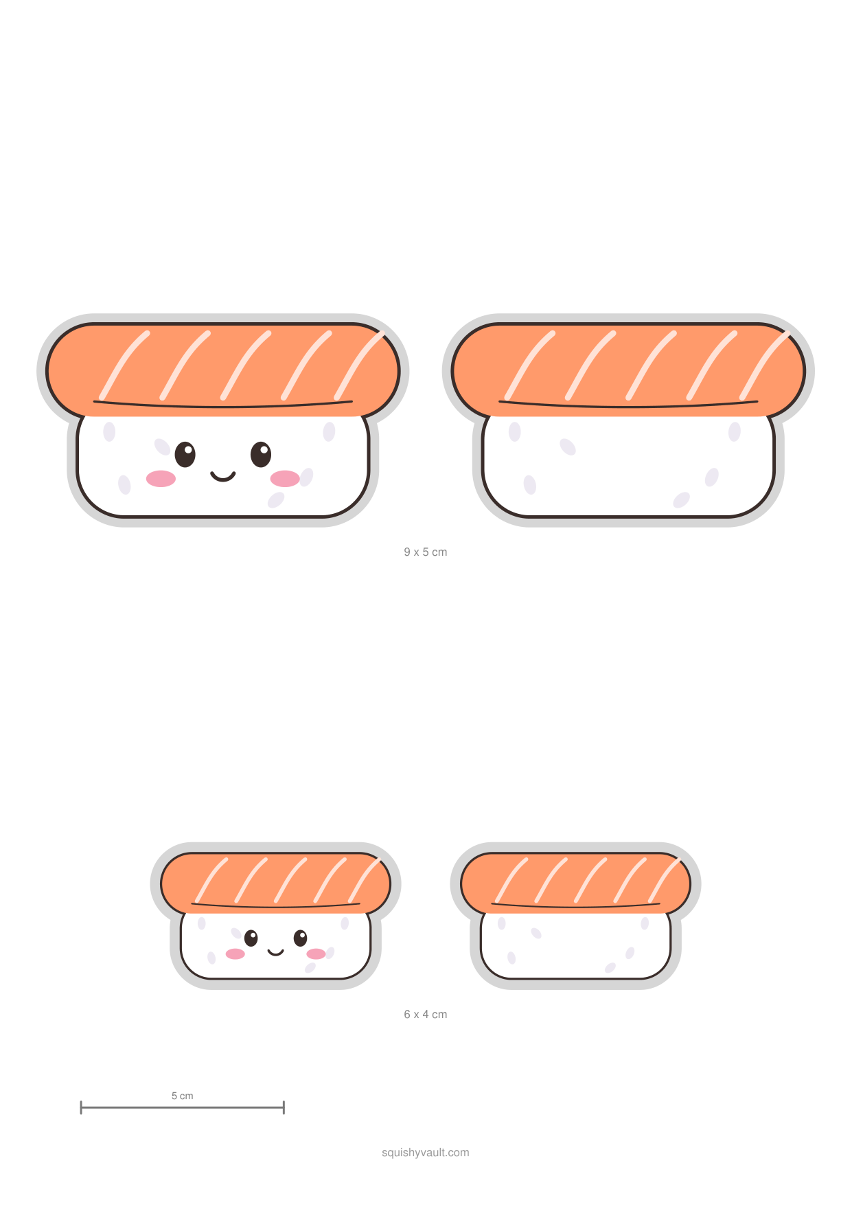 Printable sushi paper squishy template, salmon nigiri with a face, front and back