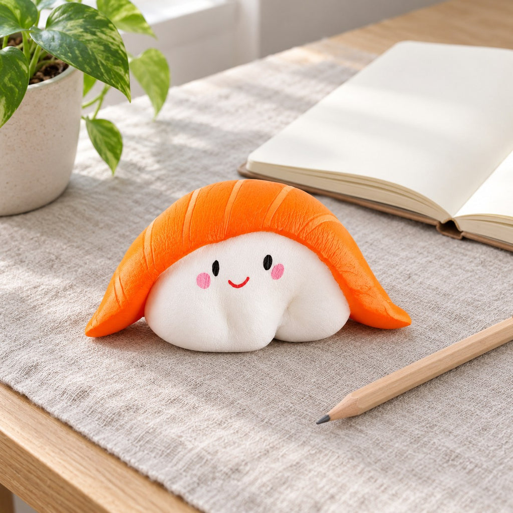 Sushi squishy soft, on a desk with a notebook and pencil
