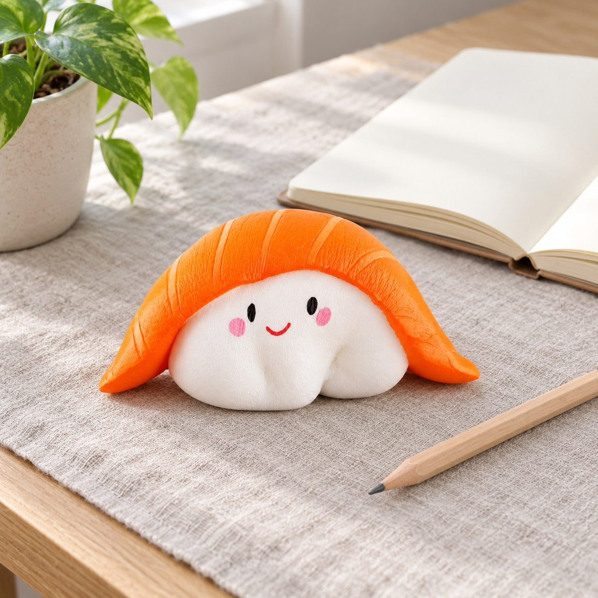 Sushi squishy soft, on a desk with a notebook and pencil