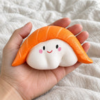 Sushi squishy slow rising soft, held toward the camera, first-person view