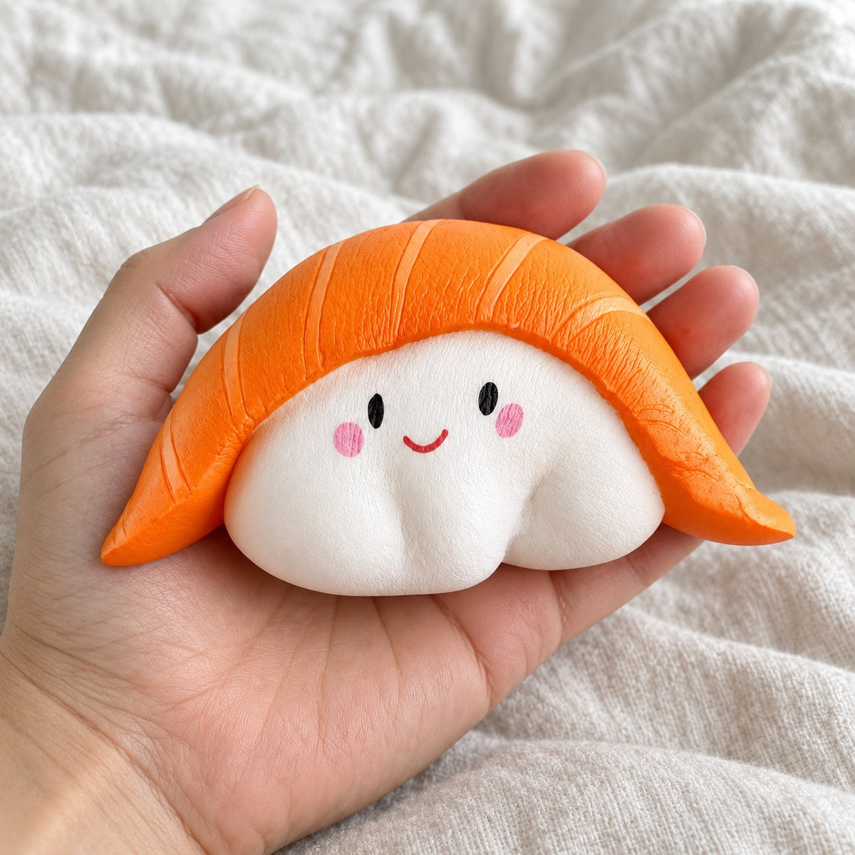 Sushi squishy slow rising soft, held toward the camera, first-person view
