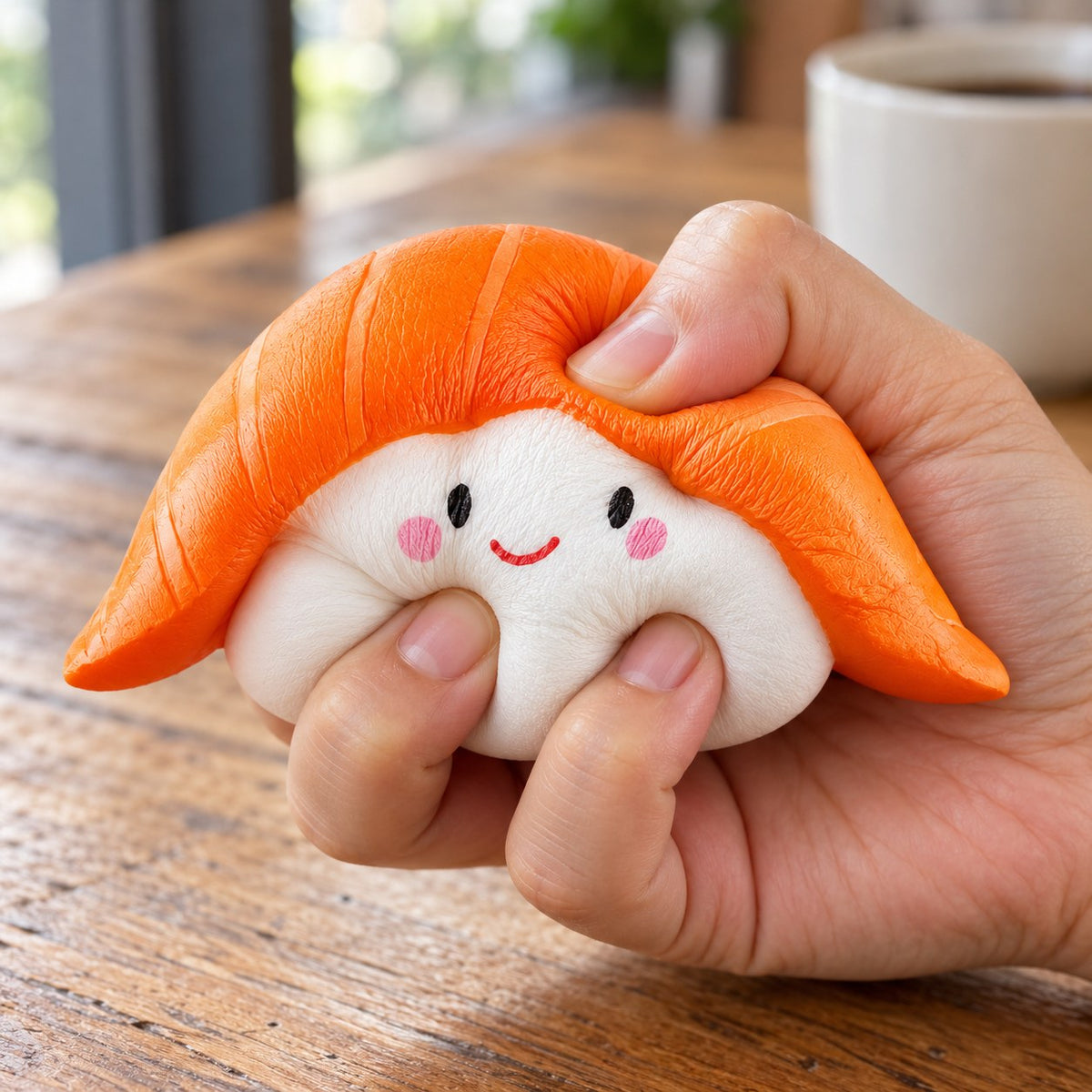 Sushi squishy soft, being squeezed by hand, soft and squishy