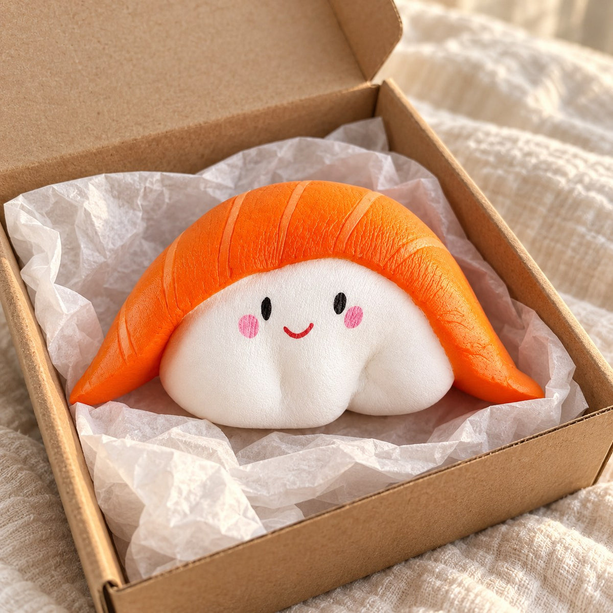 Sushi squishy soft, unboxed from a parcel with tissue paper