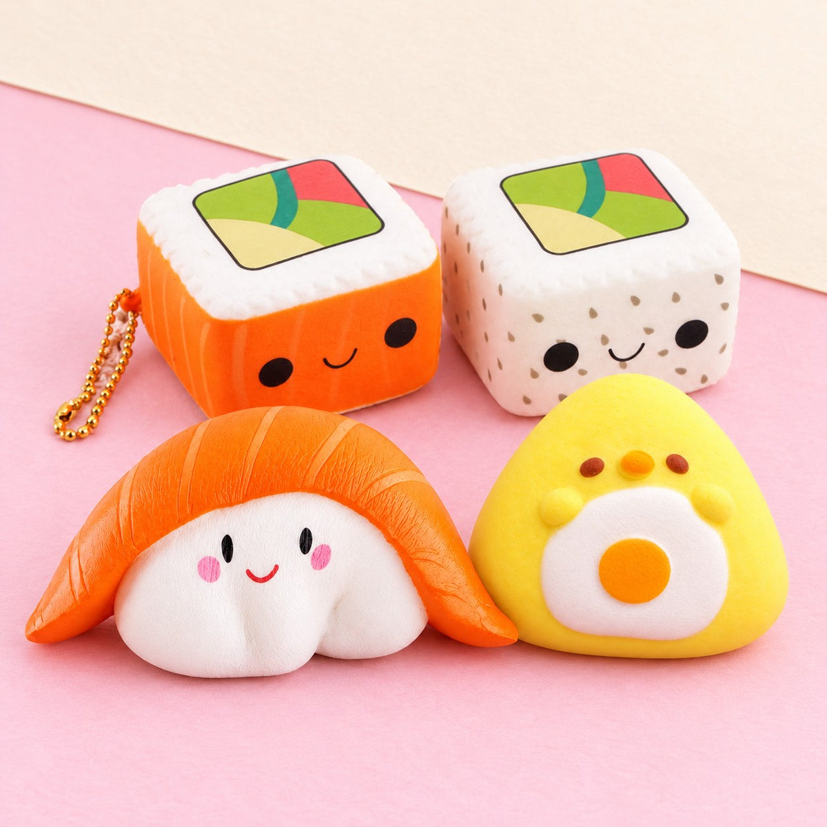 Sushi squishy kawaii – Sushi Squishy Set of 4, product photo on pastel paper