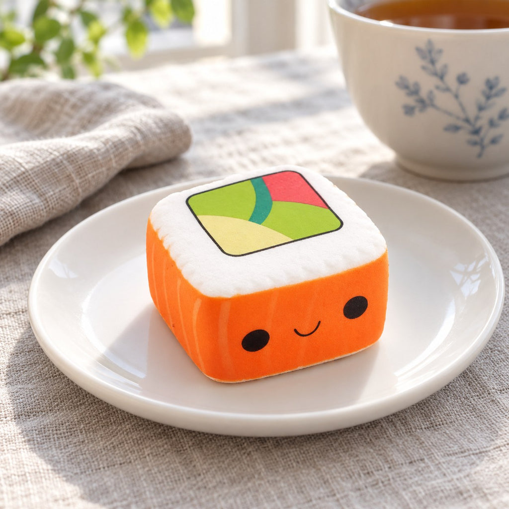 Kawaii Sushi Squishy, Slow Rising (Salmon), on a plate on a breakfast table