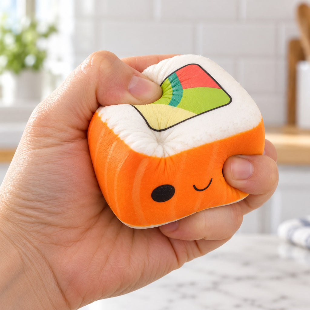 Kawaii Sushi Squishy, Slow Rising (Salmon), being squeezed by hand, soft and squishy