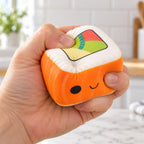 Kawaii Sushi Squishy, Slow Rising (Salmon), being squeezed by hand, soft and squishy
