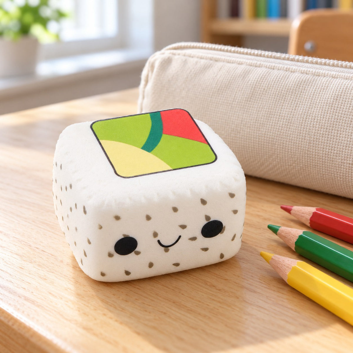 Kawaii Sushi Squishy, Slow Rising (White Rice, Black Sesame), on a school desk next to a pencil case