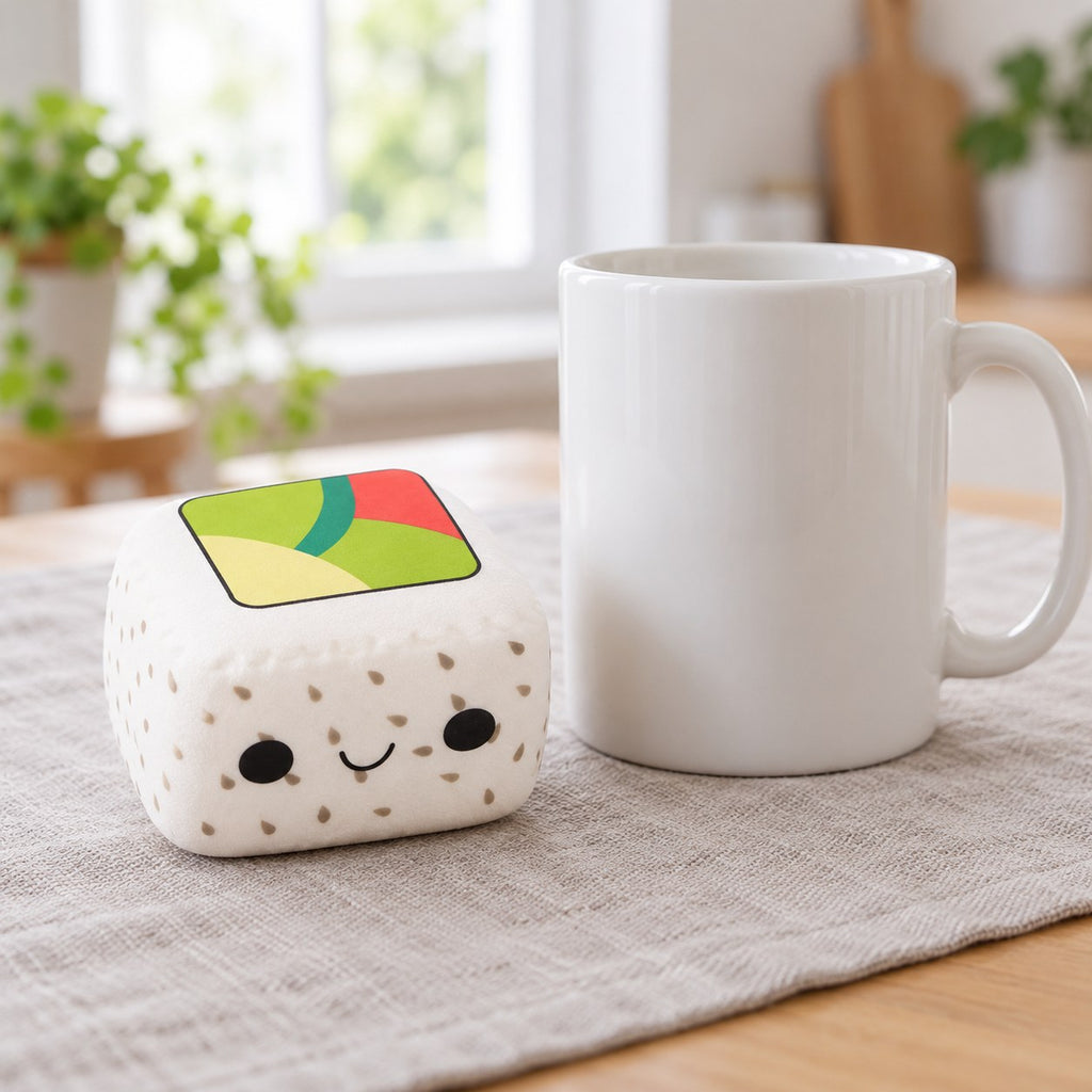 Kawaii Sushi Squishy, Slow Rising (White Rice, Black Sesame), next to a coffee mug for size comparison