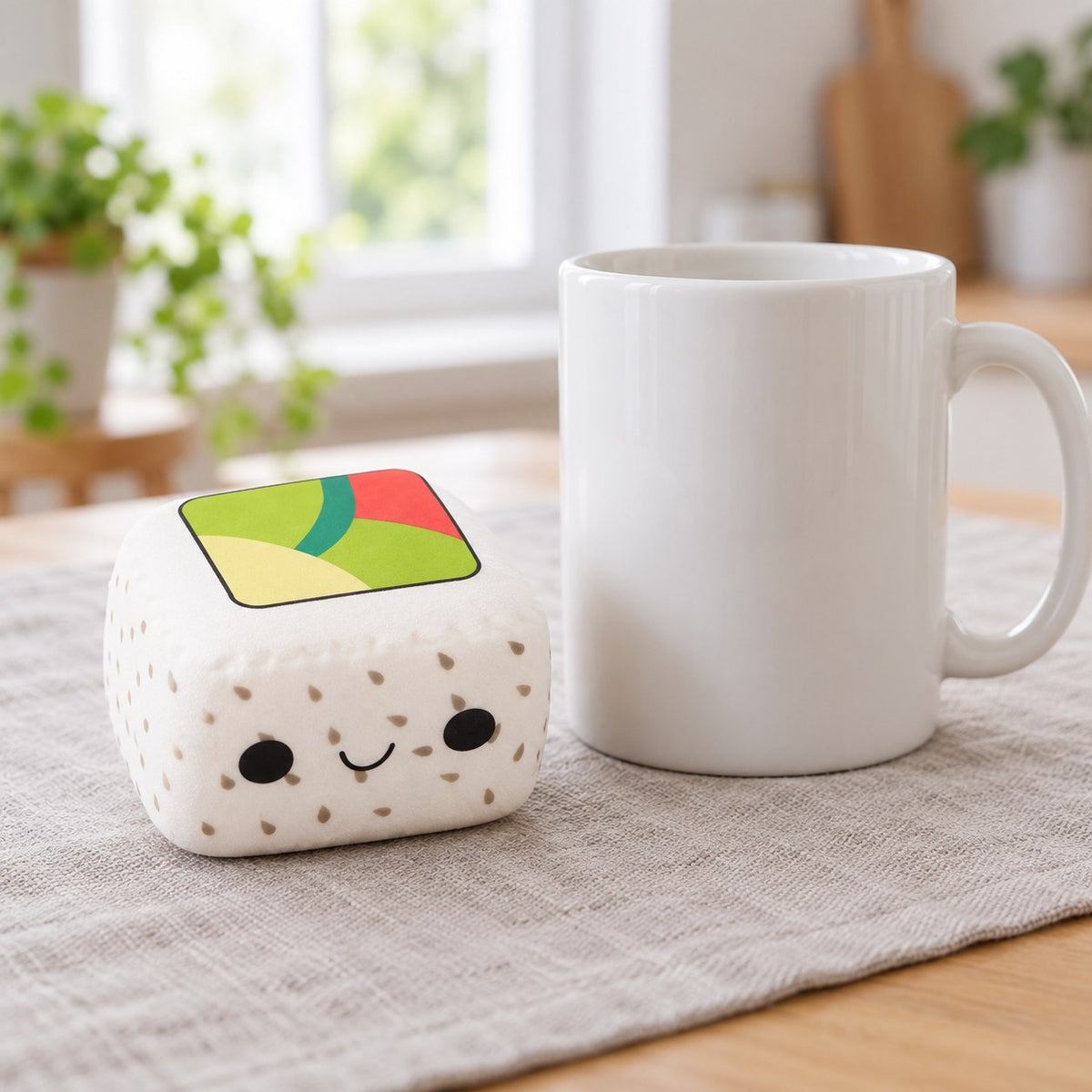 Kawaii Sushi Squishy, Slow Rising (White Rice, Black Sesame), next to a coffee mug for size comparison
