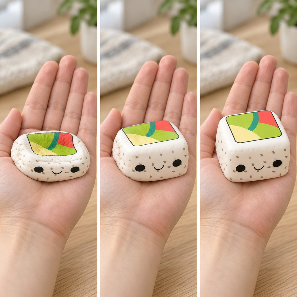 Sushi squishy (White Rice, Black Sesame), squished flat, half risen and fully back in shape