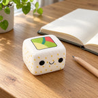 Kawaii Sushi Squishy, Slow Rising (White Rice, Yellow Sesame), on a desk with a notebook and pencil