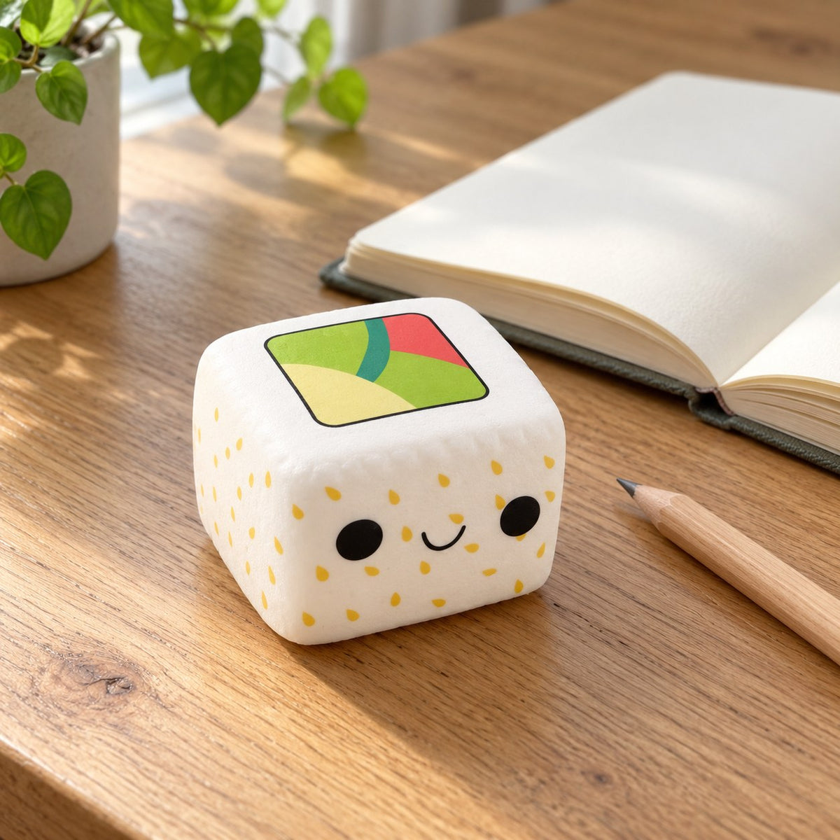Kawaii Sushi Squishy, Slow Rising (White Rice, Yellow Sesame), on a desk with a notebook and pencil