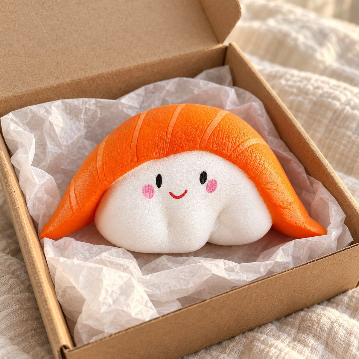 Frisch aus dem Paket: weiches Slow Rising Sushi Squishy zwischen Seidenpapier