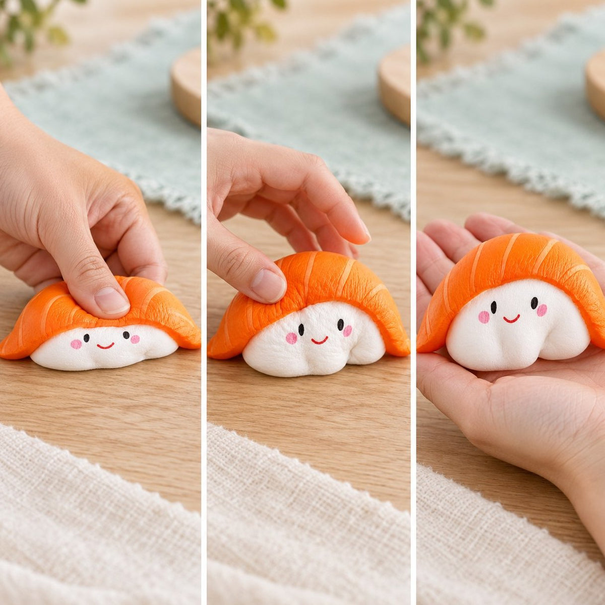 Flach gedrückt, halb aufgegangen, wieder in Form: weiches Slow Rising Sushi Squishy