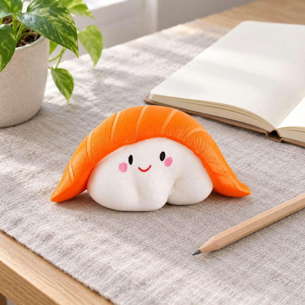 Notizbuch, Bleistift und weiches Sushi Squishy auf dem Schreibtisch