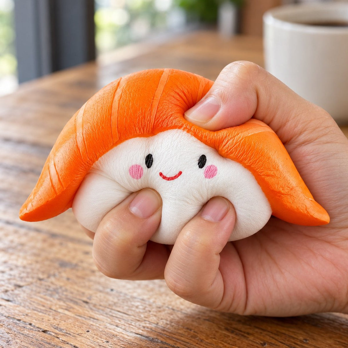Weiches Sushi Squishy wird mit der Hand zusammengedrückt