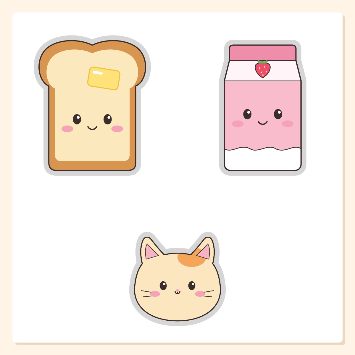 Three templates side by side, a toast with a pat of butter, a strawberry milk carton and a cat face with a grey border