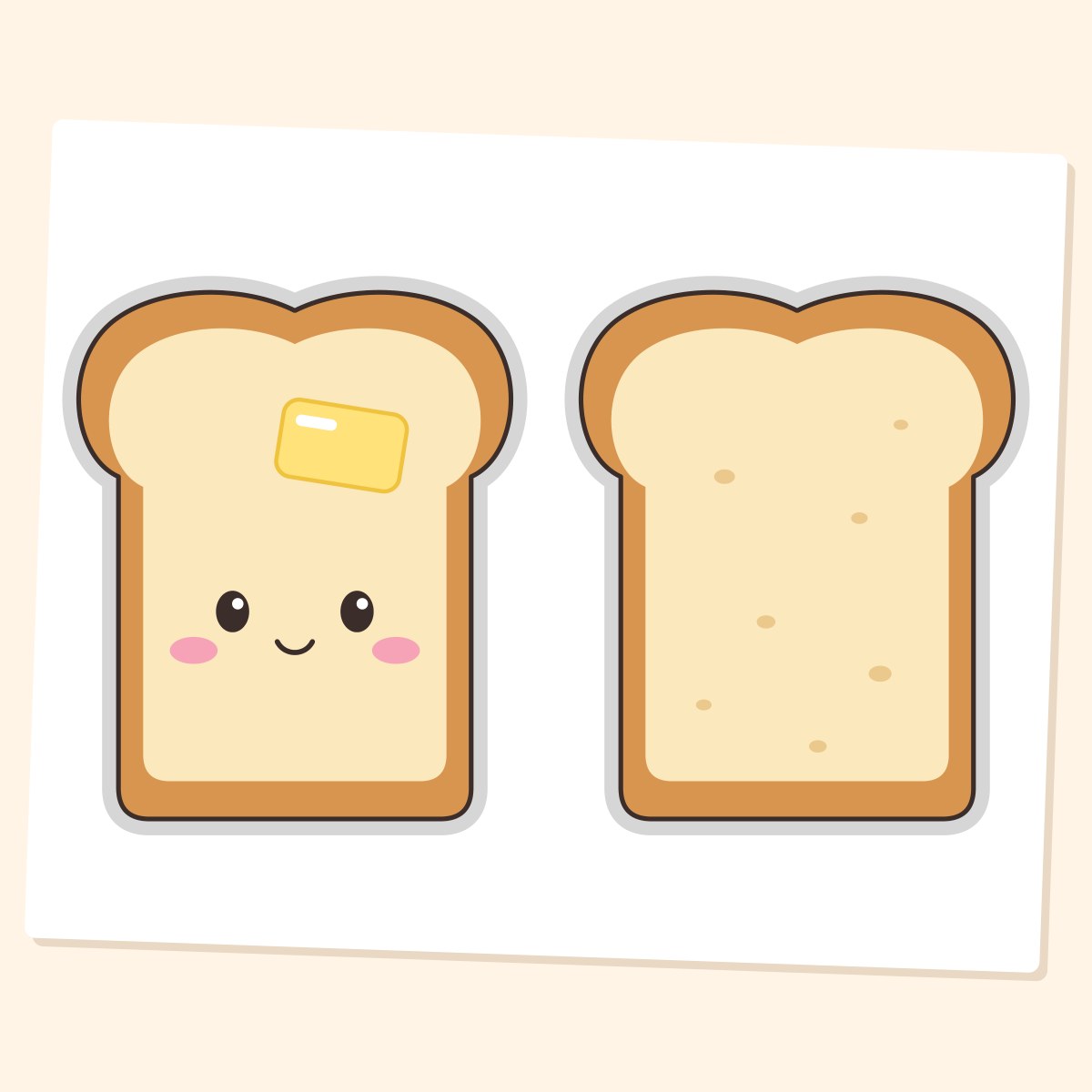 Toast template with a face and a butter pat next to the plain back, both with a grey border