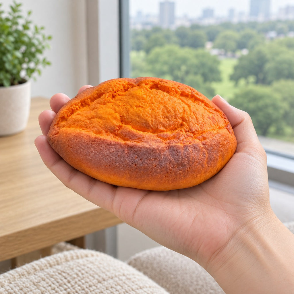 Baked Sweet Potato Squishy, Slow Rising PU, held in a hand to show the real size