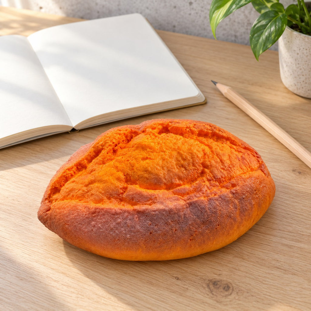 Baked Sweet Potato Squishy, Slow Rising PU, on a desk with a notebook and pencil