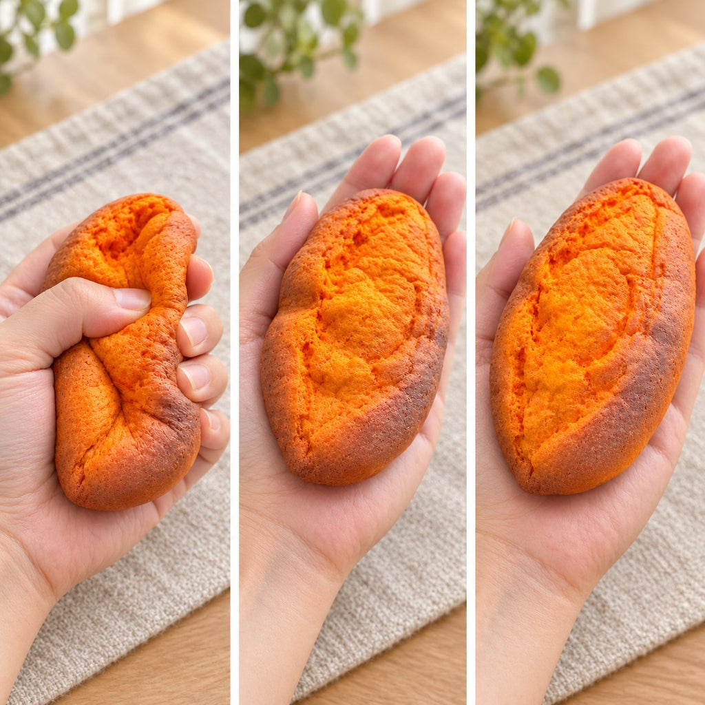 Baked Sweet Potato Squishy, Slow Rising PU, squished flat, half risen and fully back in shape