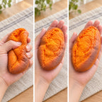 Baked Sweet Potato Squishy, Slow Rising PU, squished flat, half risen and fully back in shape