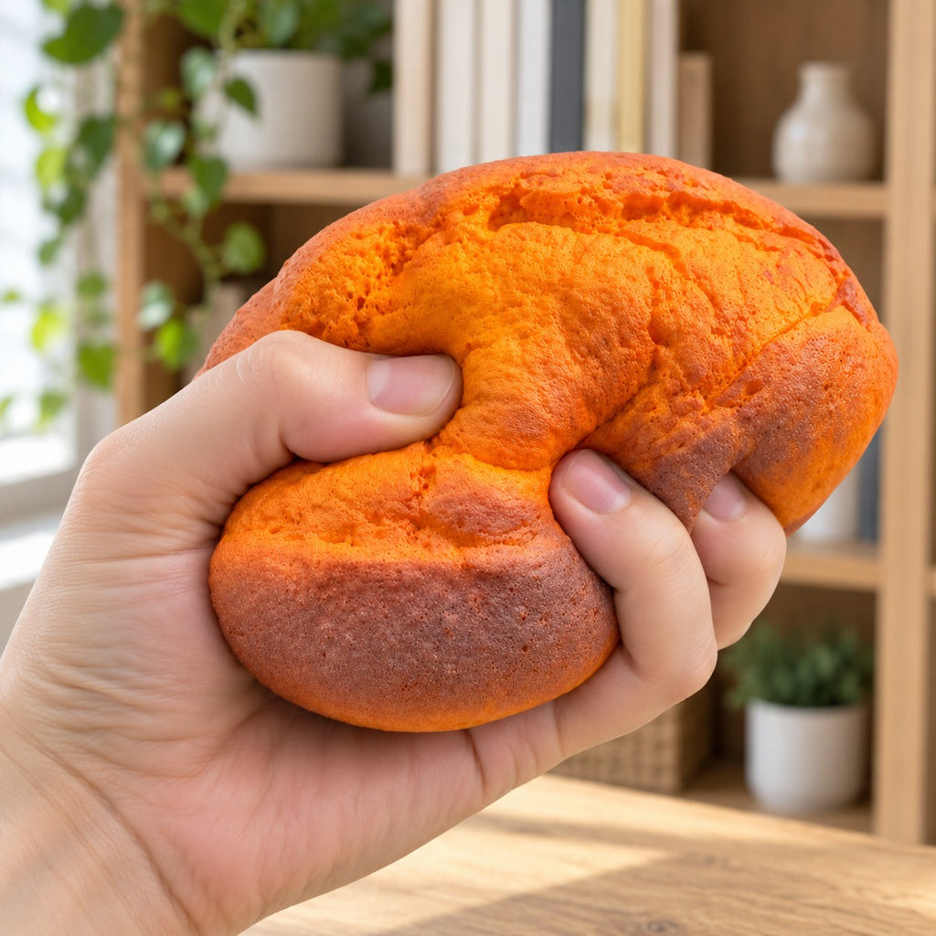 Baked Sweet Potato Squishy, Slow Rising PU, being squeezed by hand, soft and squishy