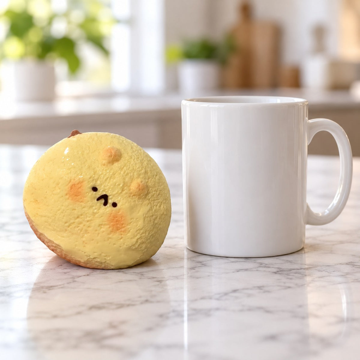 Taba Squishy Hamster Daifuku, Extra Soft (golden), next to a coffee mug for size comparison