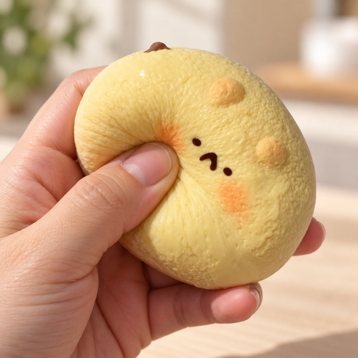 Taba Squishy Hamster Daifuku, Extra Soft (golden), being squeezed by hand, soft and squishy