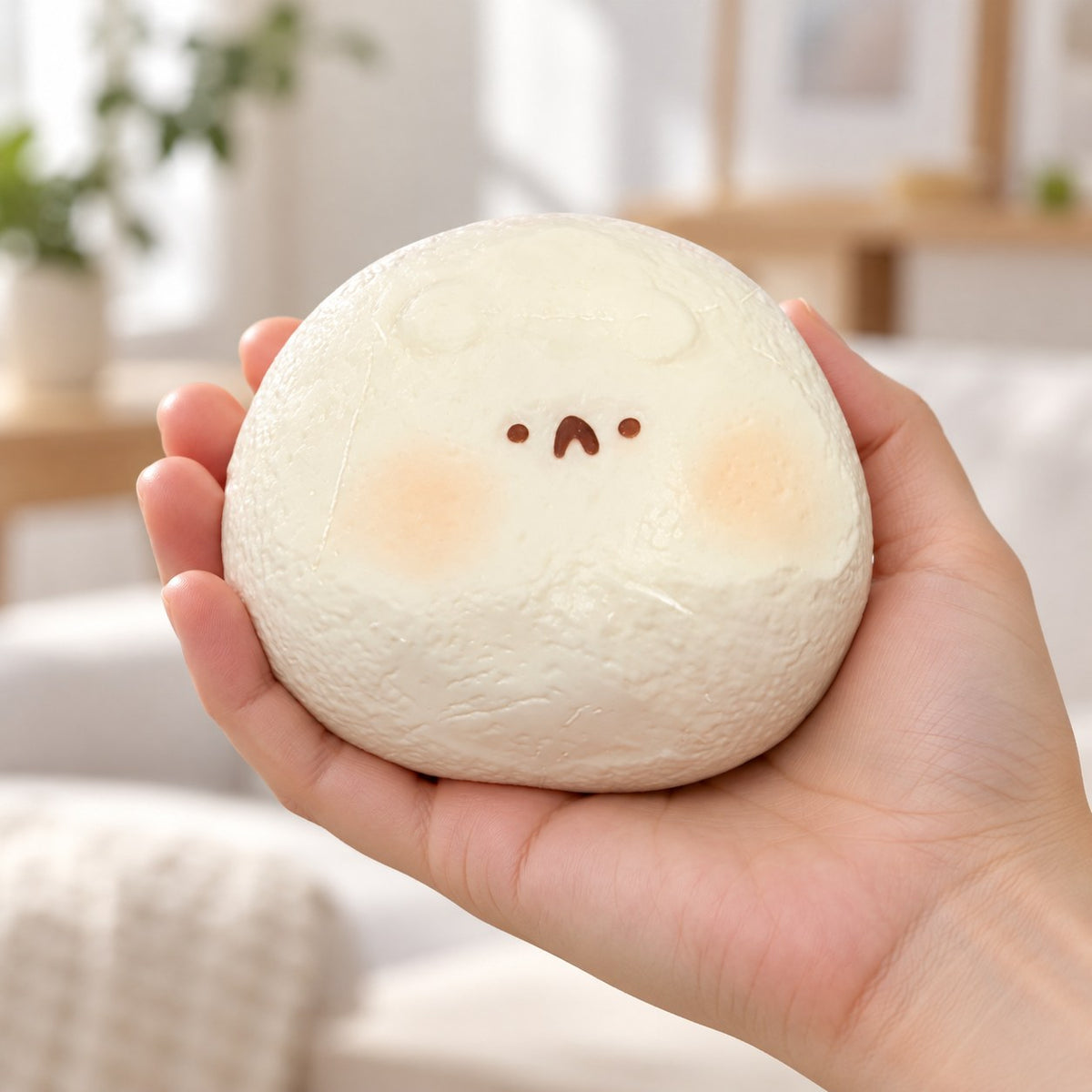 Taba Squishy Hamster Daifuku, Extra Soft (white), held in a hand to show the real size