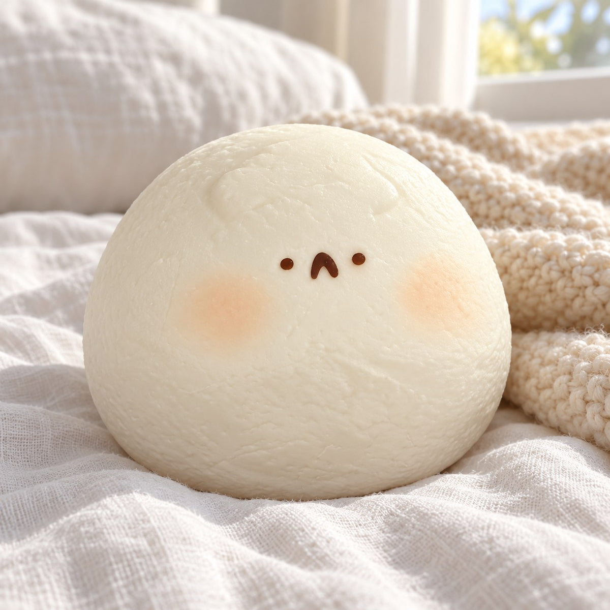 Taba Squishy Hamster Daifuku, Extra Soft (white), on a cozy bed with soft blankets