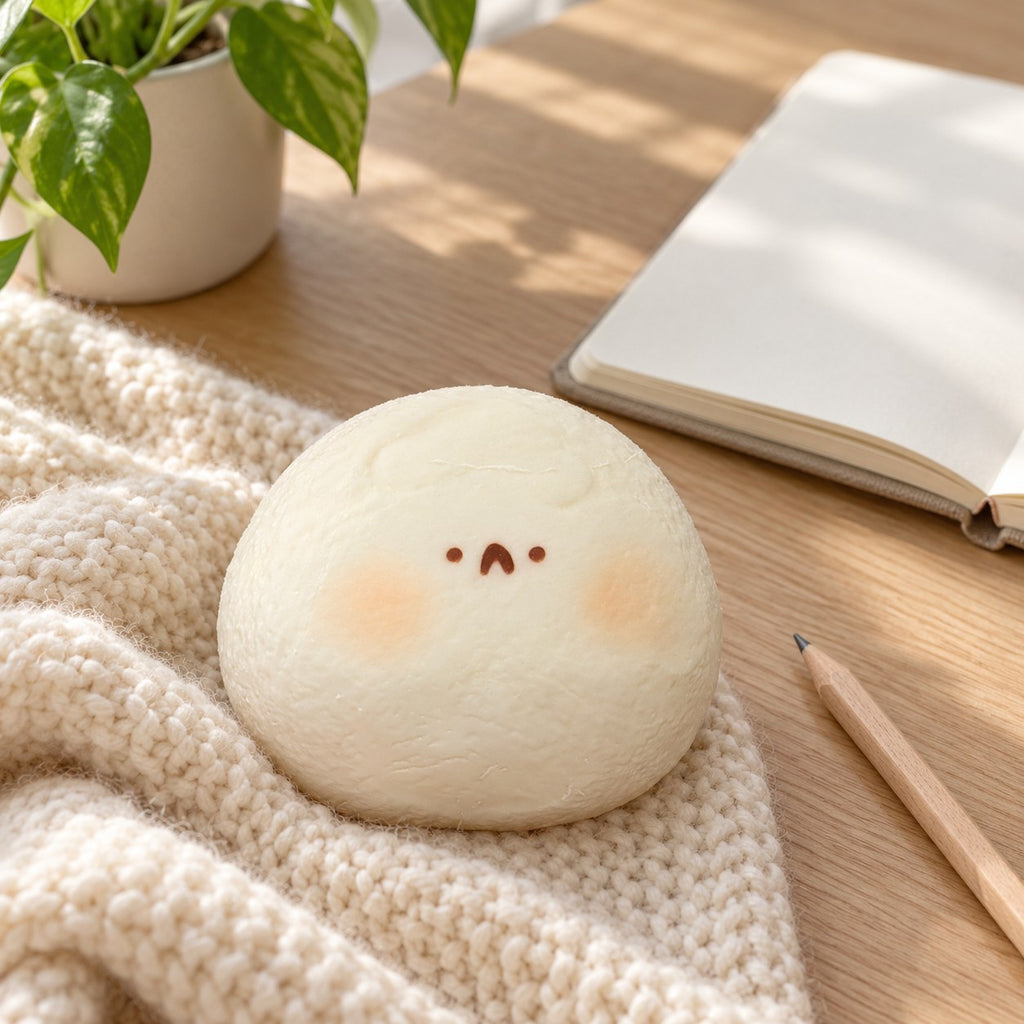 Taba Squishy Hamster Daifuku, Extra Soft (white), on a desk with a notebook and pencil