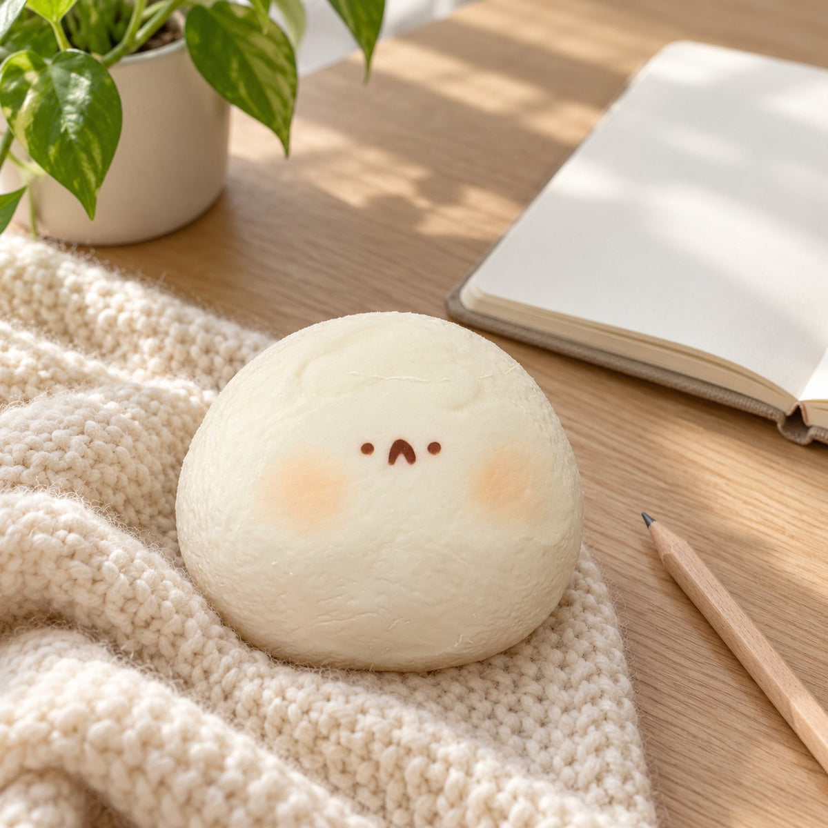Taba Squishy Hamster Daifuku, Extra Soft (white), on a desk with a notebook and pencil