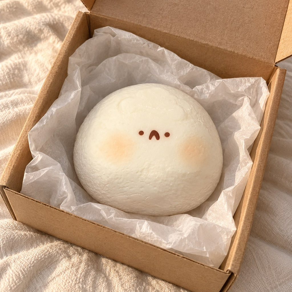 Taba Squishy Hamster Daifuku, Extra Soft (white), unboxed from a parcel with tissue paper