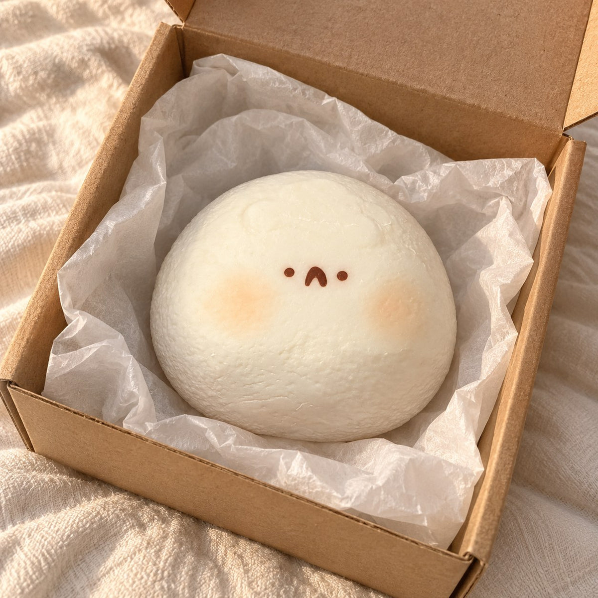 Taba Squishy Hamster Daifuku, Extra Soft (white), unboxed from a parcel with tissue paper