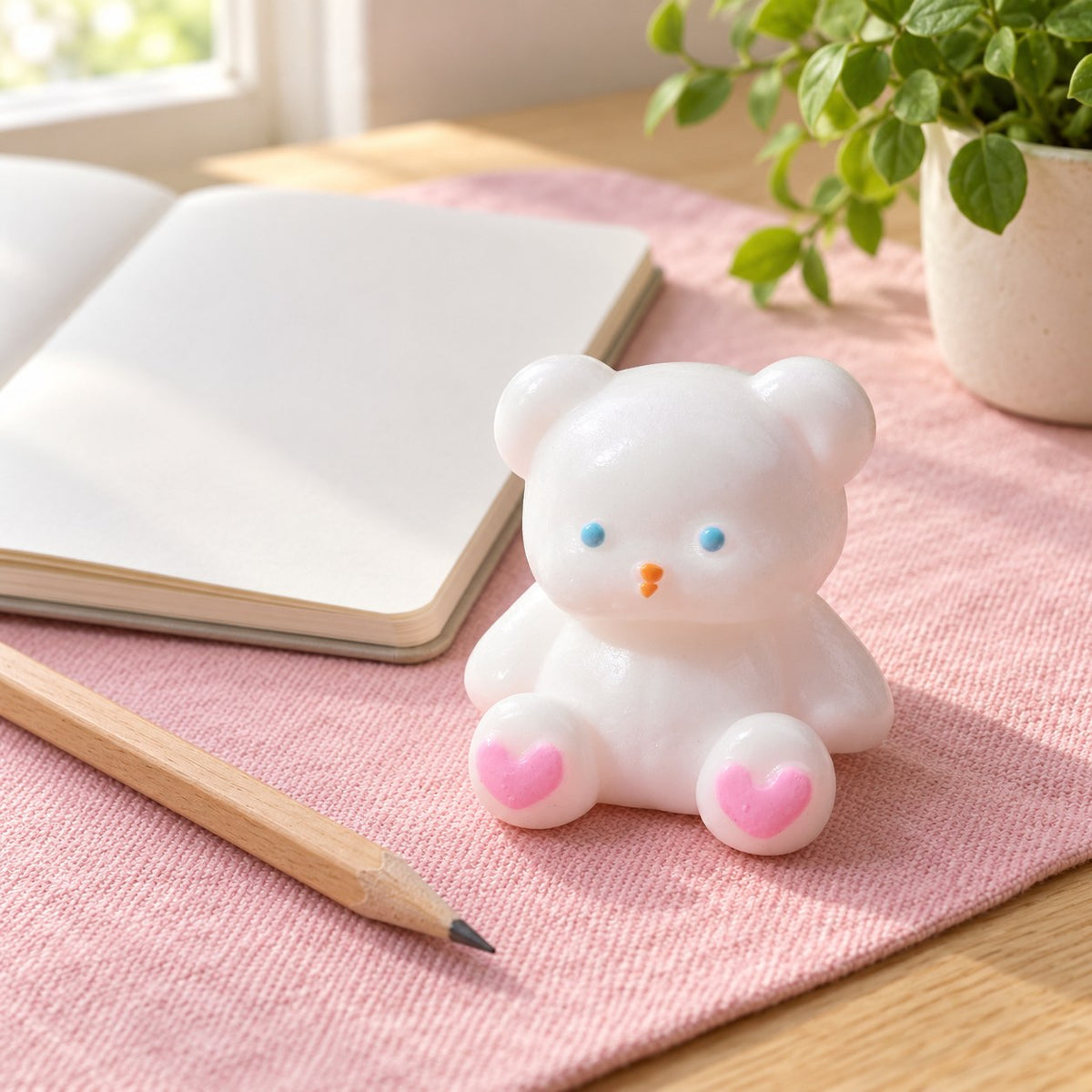 Teddybeer squishy, wit met hartjespootjes, 7 cm, op een bureau met notitieboek en potlood