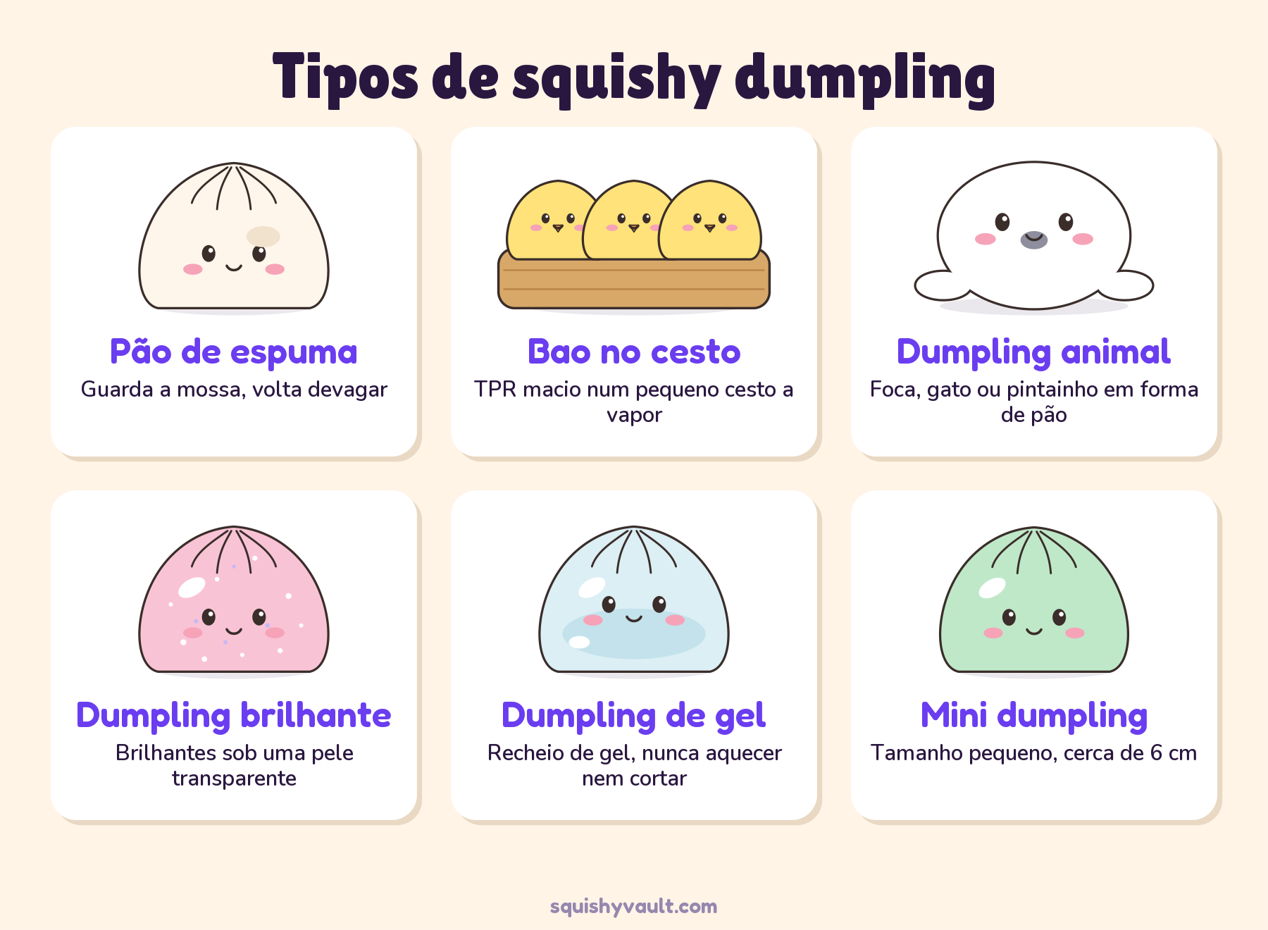 Seis tipos de squishy dumpling, pão de espuma, bao no cesto, animal, brilhante, de gel e mini