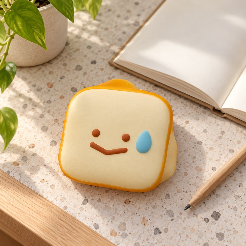Toast squishy kawaii (Smiley toast), on a desk with a notebook and pencil