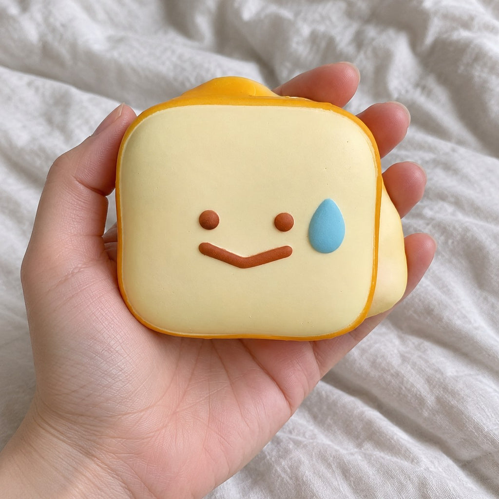 Toast squishy kawaii slow rising (Smiley toast), held toward the camera, first-person view