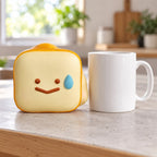 Toast squishy kawaii (Smiley toast), next to a coffee mug for size comparison