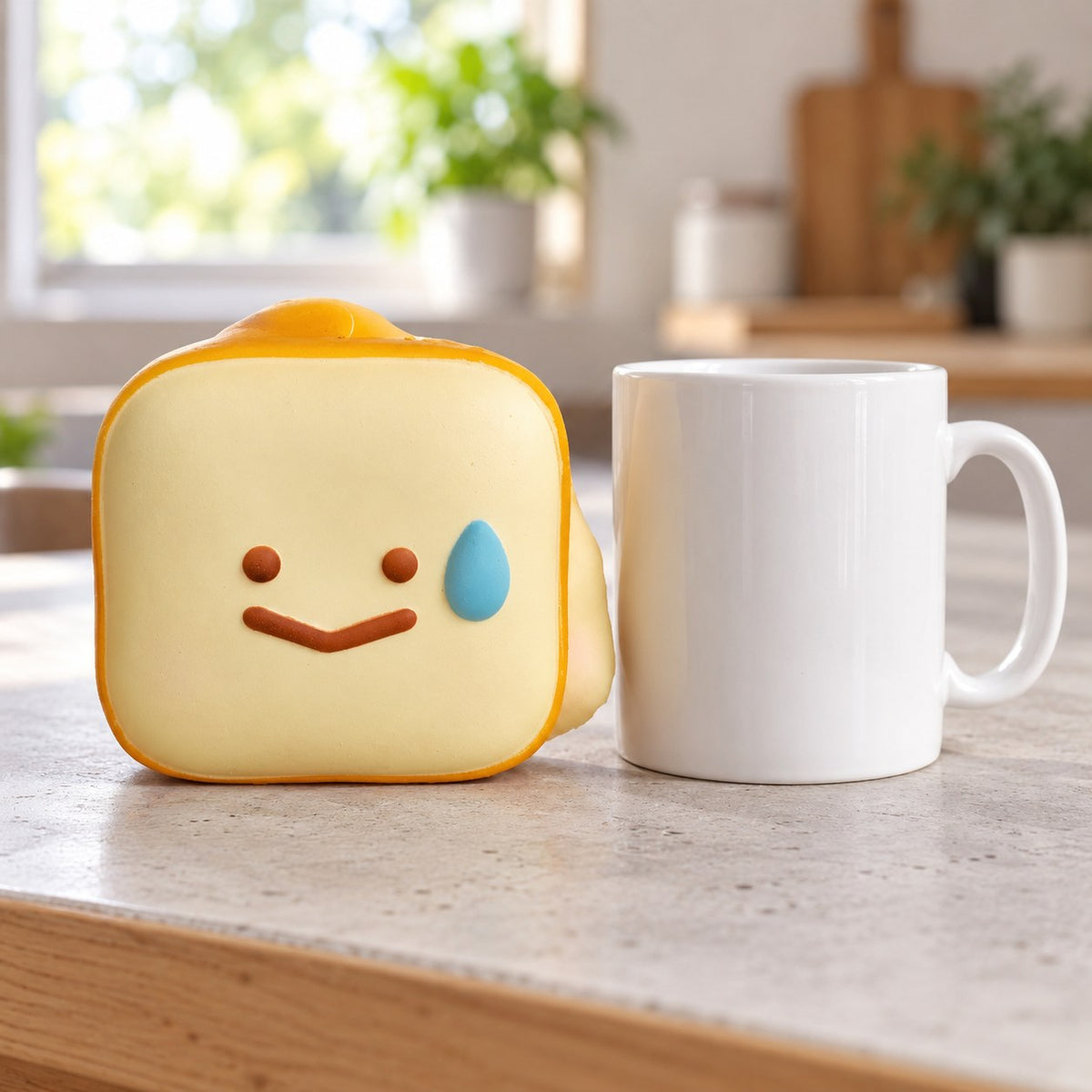 Toast squishy kawaii (Smiley toast), next to a coffee mug for size comparison