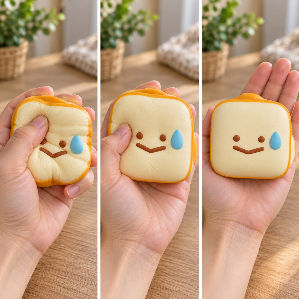 Toast squishy kawaii slow rising (Smiley toast), squished flat, half risen and fully back in shape