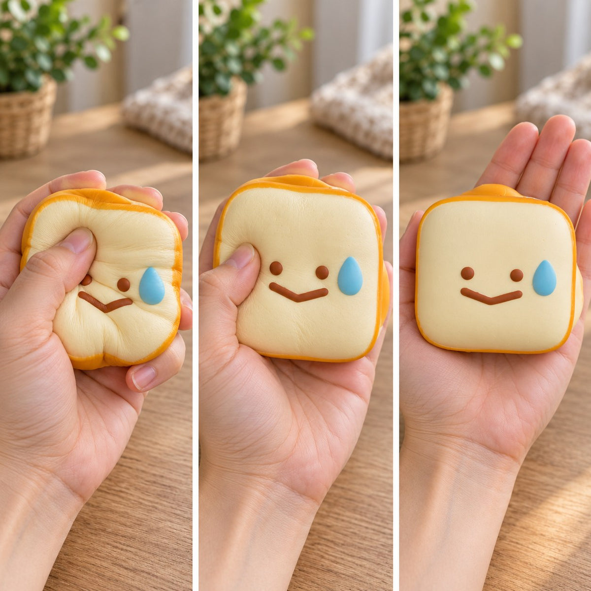 Toast squishy kawaii slow rising (Smiley toast), squished flat, half risen and fully back in shape